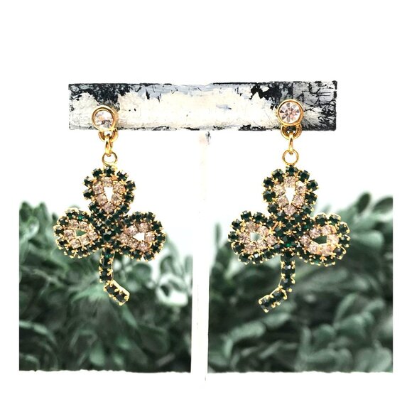Shamrock Dangle Earrings With green Rhinestones gold tone - Picture 4 of 6